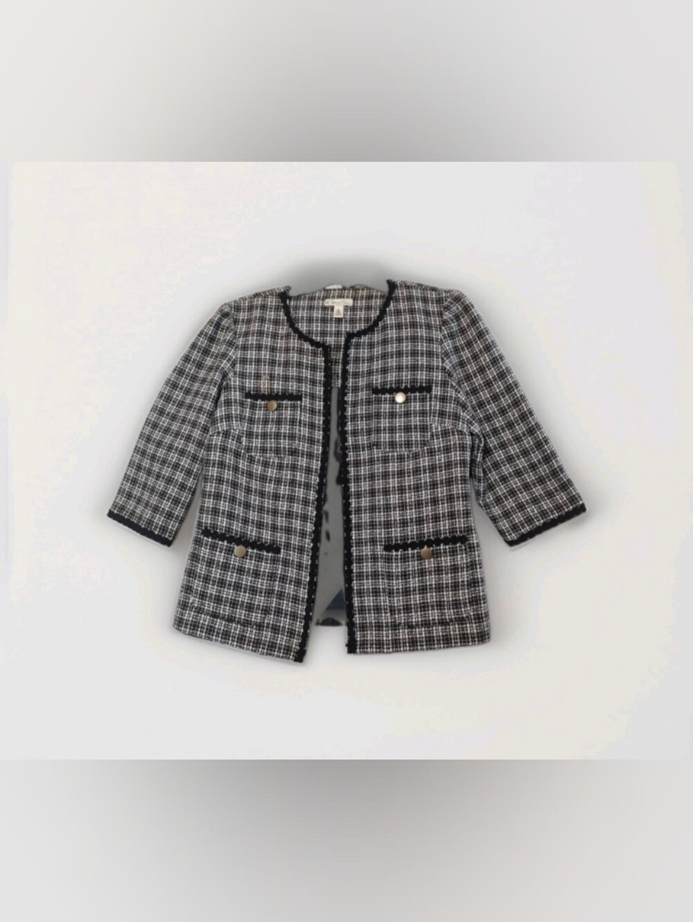 Tweed Cropped Blazer/Jacket Black/White W/Black Textured Trim & Gold Buttons 8P
